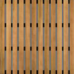 A wooden slat wall with blue and black stripes.